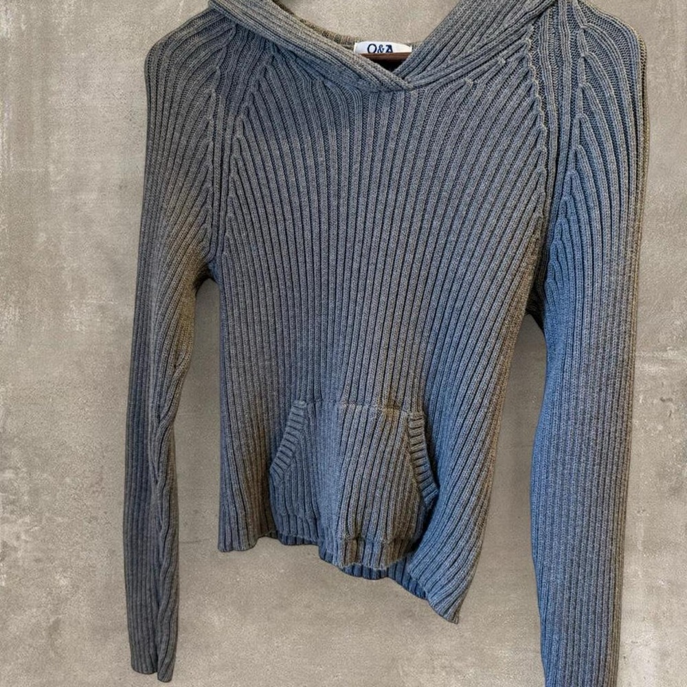 Y2K Vintage Q&A Grey Ribbed Knit Hoodie Sweater - Picture 4 of 5